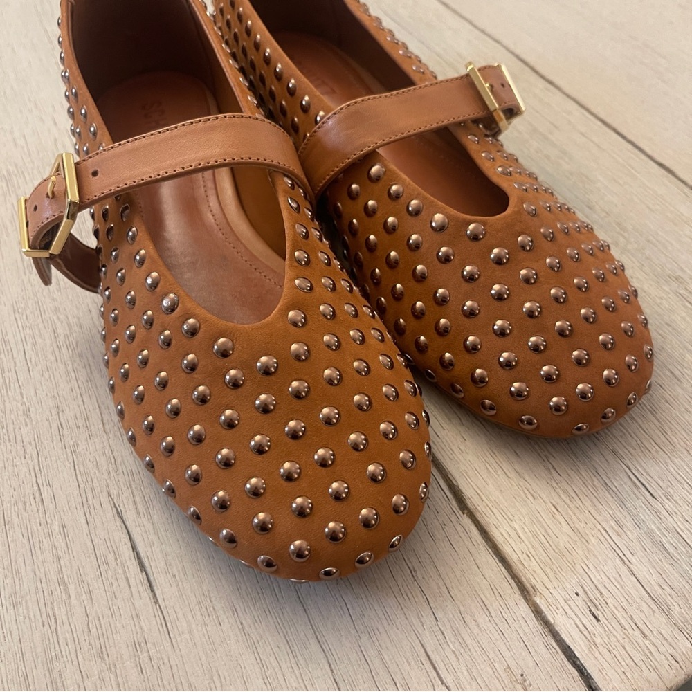 NWOT: SCHUTZ Eizas Brown Studded Flats with Bronze studs and buckle closure - Picture 3 of 5